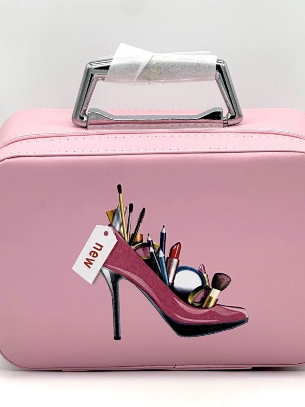 Light Pink Cosmetic Case with High-Heel Makeup Print